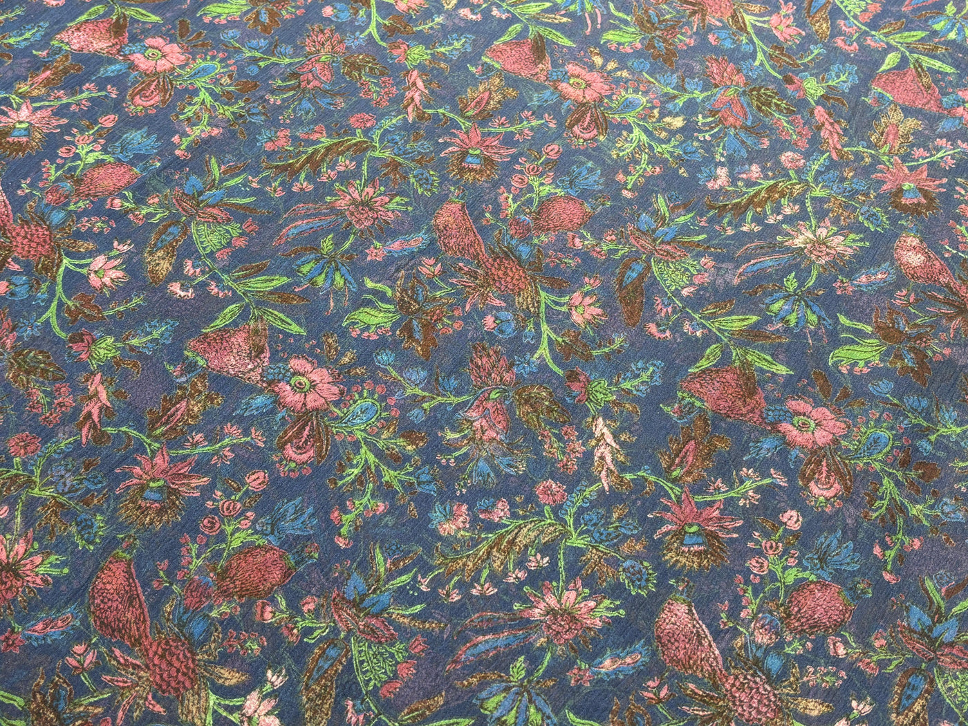 Silk chiffon printed  fabric deep ink blue  Color with red and green floral Print 44" wide [17793]