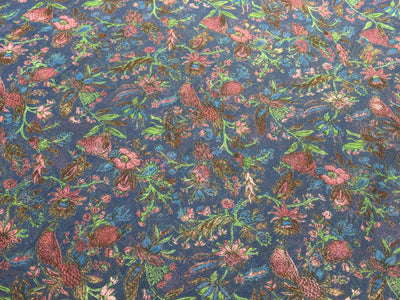 Silk chiffon printed  fabric deep ink blue  Color with red and green floral Print 44" wide [17793]