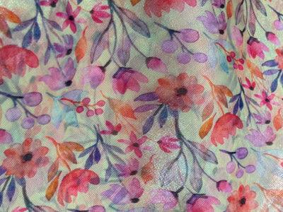Silk metallic tissue organza fabric MULTI COLOR FLORAL JACQUARD 44 INCHES WIDE available in 2 STYLES MINT WITH PINK/ORANGE FLOWERS AND YELLOW WITH TINY PINK/ORANGE FLOWERS[17164/65]