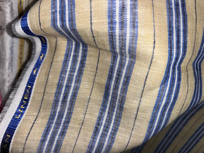 100% Linen stripe 60's Lea Fabric 58" wide camel, blue,black and white stripe [17194]