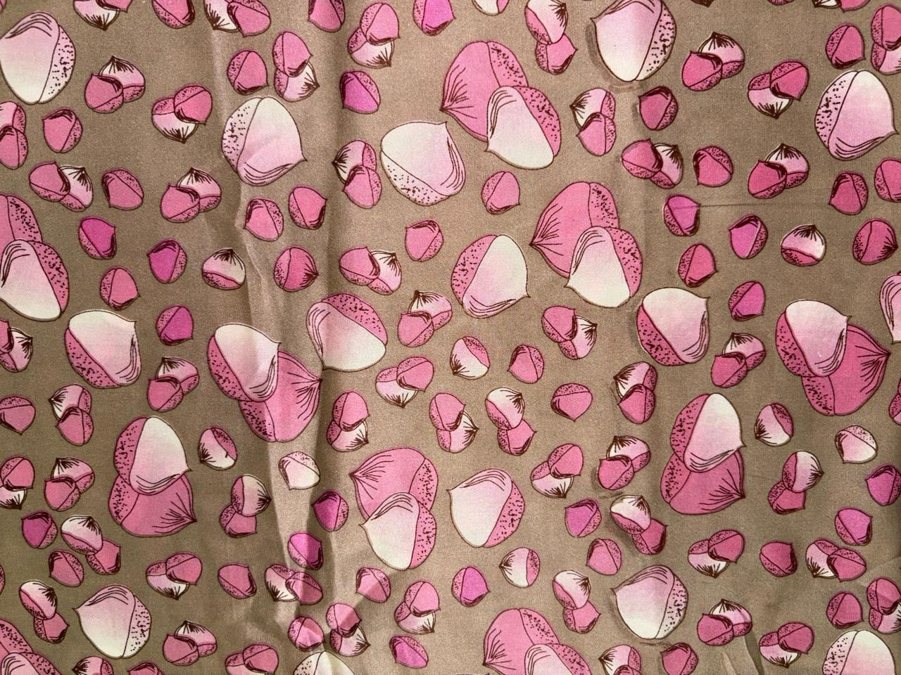 100% Pure Silk Satin 80 grams Dusty olive with pink motifs 54"Wide Fabric [18284]