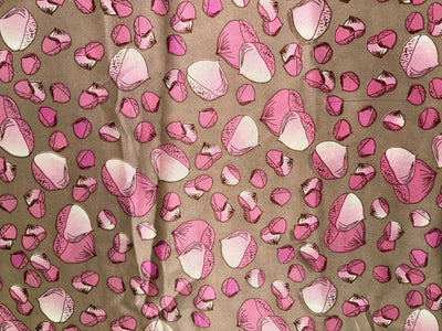 100% Pure Silk Satin 80 grams Dusty olive with pink motifs 54"Wide Fabric [18284]