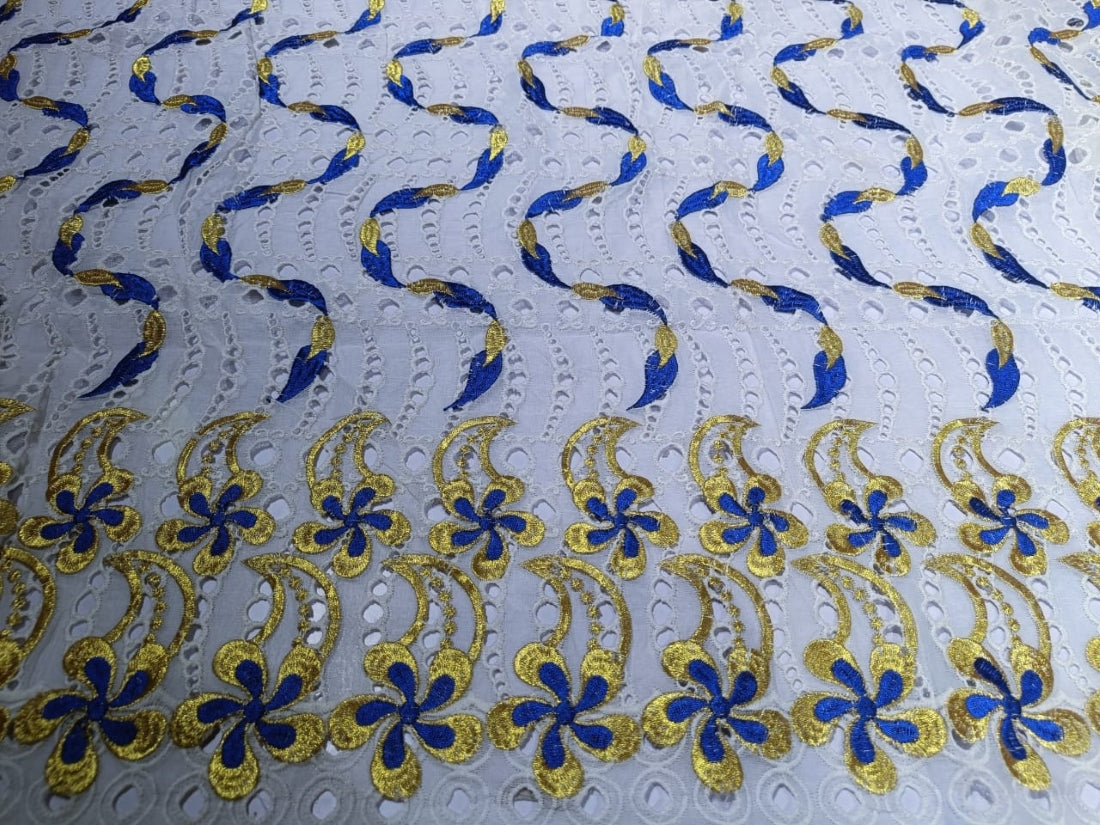 LACE: Rich Chemical Lace Ivory, Blue and Metallic gold Fabric 36"