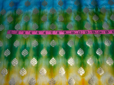 Silk Brocade fabric shades of blue yellow green with small metallic gold motif BRO915A[1]