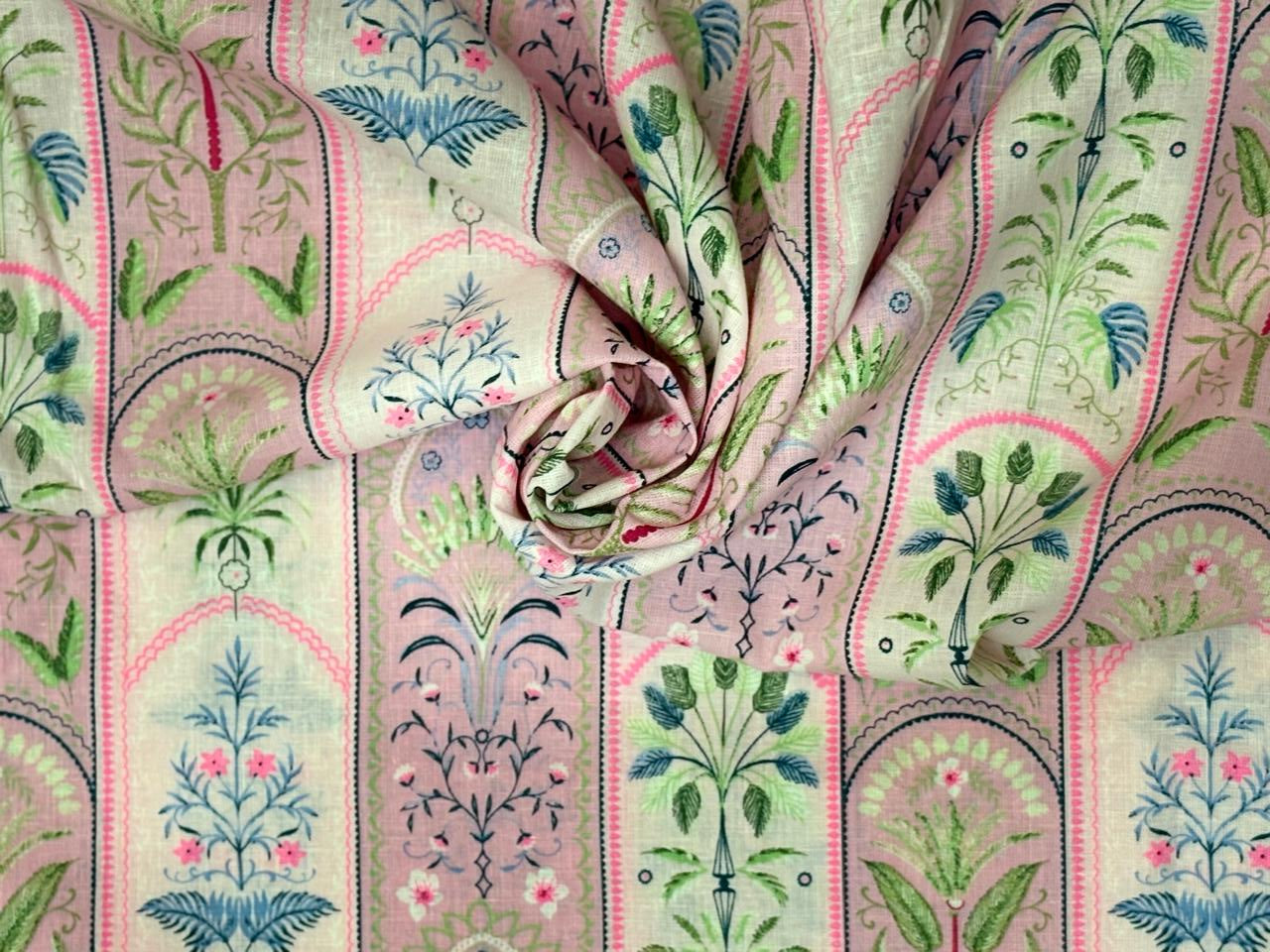 Linen 70% ,Cotton 30% print pink and white floral stripes 56" wide [18432]