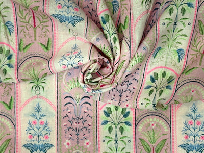 Linen 70% ,Cotton 30% print pink and white floral stripes 56" wide [18432]