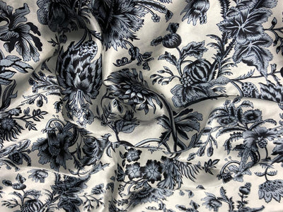 100% PURE SILK 80 GRAMS  SATIN PRINTED 44"WIDE FABRIC IVORY WITH SILVER GREY AND BLACK FLORAL PRINT [16943]
