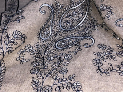 100% Linen  Kashmiri Embroidered fabric paisleys 58" wide available in 3 colors ivory with pink paisleys ,camel with navy paisley and ivory with beige paisley