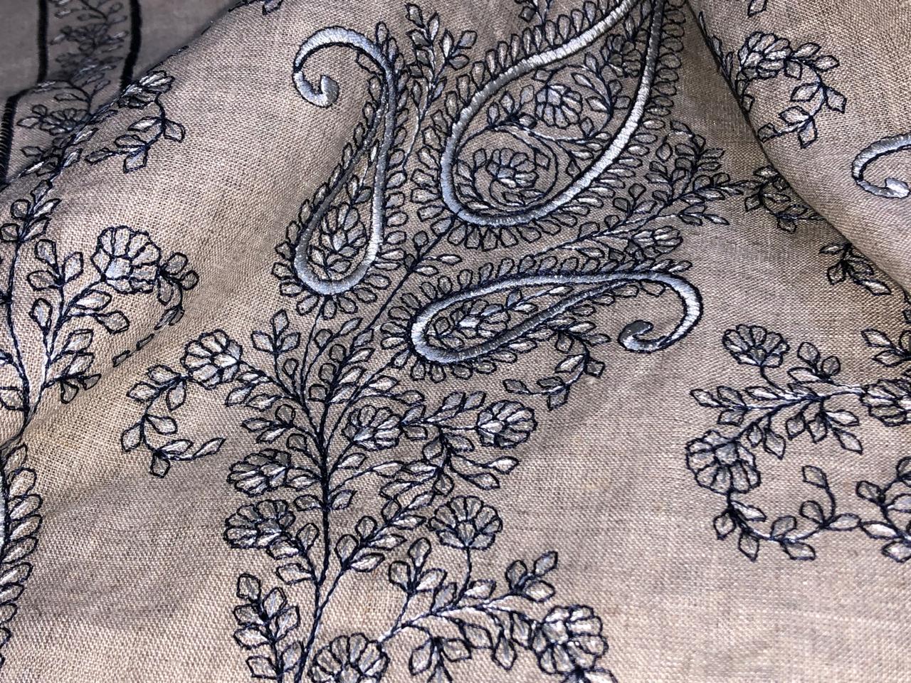 100% Linen  Kashmiri Embroidered fabric paisleys 58" wide available in 3 colors ivory with pink paisleys ,camel with navy paisley and ivory with beige paisley