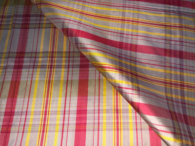 100% PURE SILK DUPIONI FABRIC  PLAIDS DEEP SALMON PINK, YELLOW AND DUSTY GREY  COLOR 54" WIDE single length 4.10  yds DUPcutC17