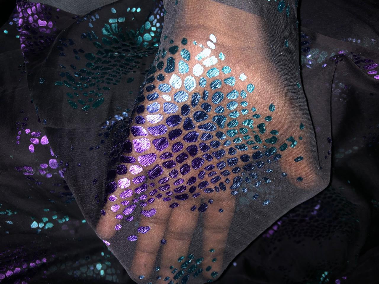 Silk georgette  fabric black with blue ,teal and purple abstract  Brasso  44&quot;[18817]