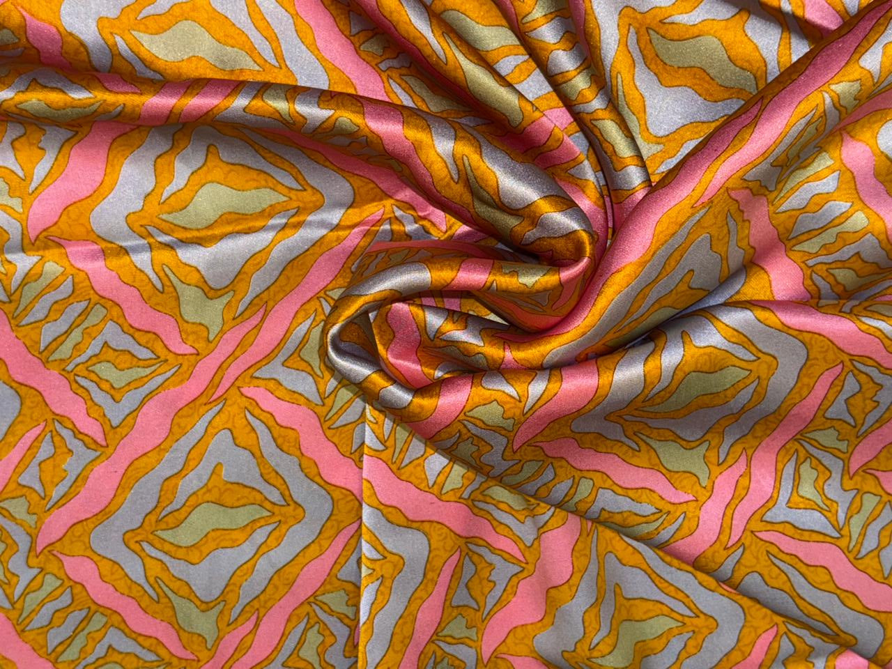 100% Pure Silk 100 grams satin printed 44"wide fabric pink, mustard and silver grey abstract  [18419]