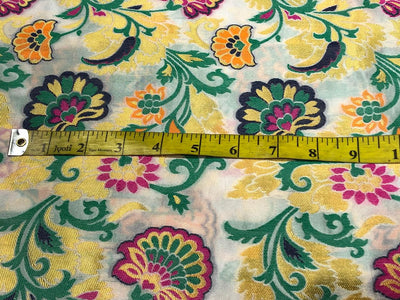 Silk Brocade fabric with multi color  floral jacquard and metallic  gold available in 3 colors  white,green , and pink BRO1014