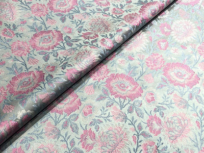 Silk Brocade fabric 44"  green sheen, silver ,blue and pink floral  jacquard BRO1050[1]