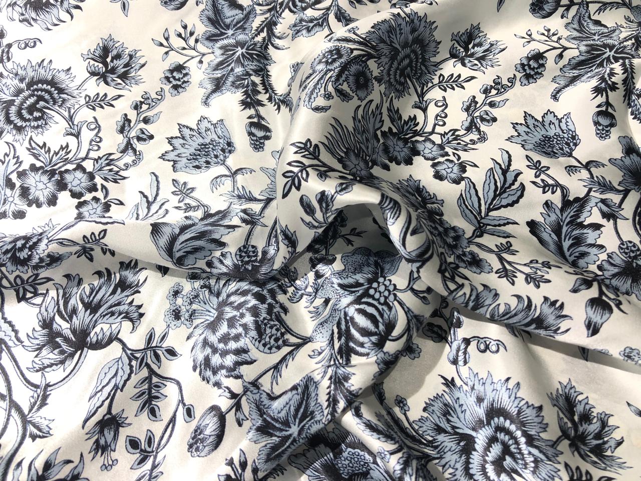 100% PURE SILK 80 GRAMS  SATIN PRINTED 44"WIDE FABRIC IVORY WITH SILVER GREY AND BLACK FLORAL PRINT [16943]