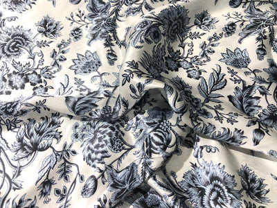 100% PURE SILK 80 GRAMS  SATIN PRINTED 44"WIDE FABRIC IVORY WITH SILVER GREY AND BLACK FLORAL PRINT [16943]