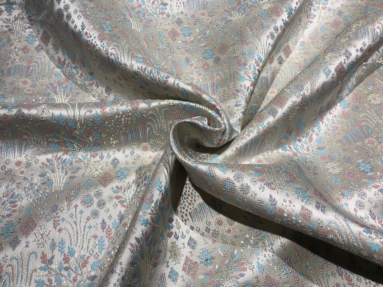 Silk Brocade fabric 56" silver with pink and blue floral jacquard with subtle metallic silver BRO1061[1]
