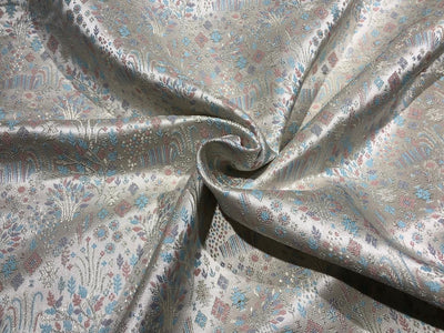 Silk Brocade fabric 56" silver with pink and blue floral jacquard with subtle metallic silver BRO1061[1]