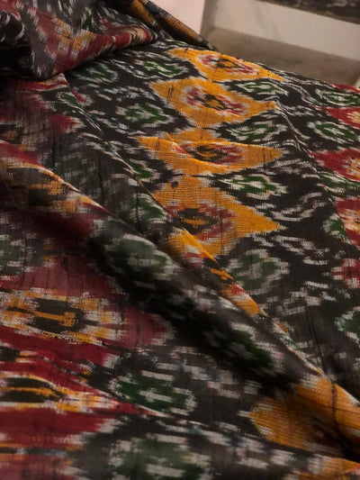 100% pure silk dupion ikat fabric black maroon x green color 44" wide [8374]