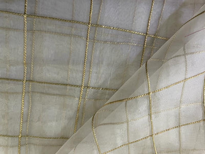Silk organza fabric 44" wide ivory with gold rope plaids~ Semi Sheer [3199]