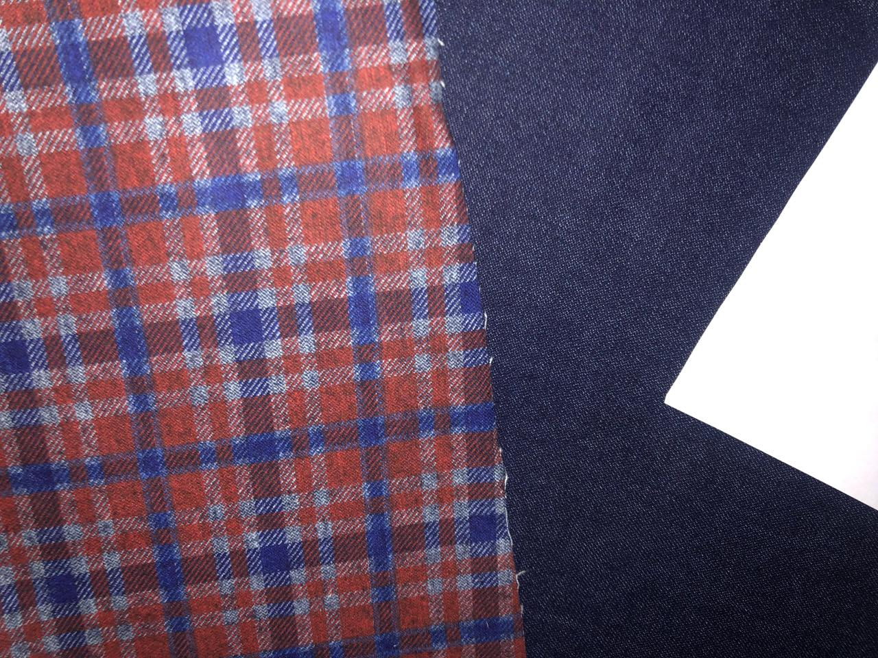 100% Cotton Denim Fabric 58" wide REVERSABLE available in 2 colors red and blue plaids with a solid denim blue reverse AND a blue purple plaid with a solid blue reverse with a [15747/48]