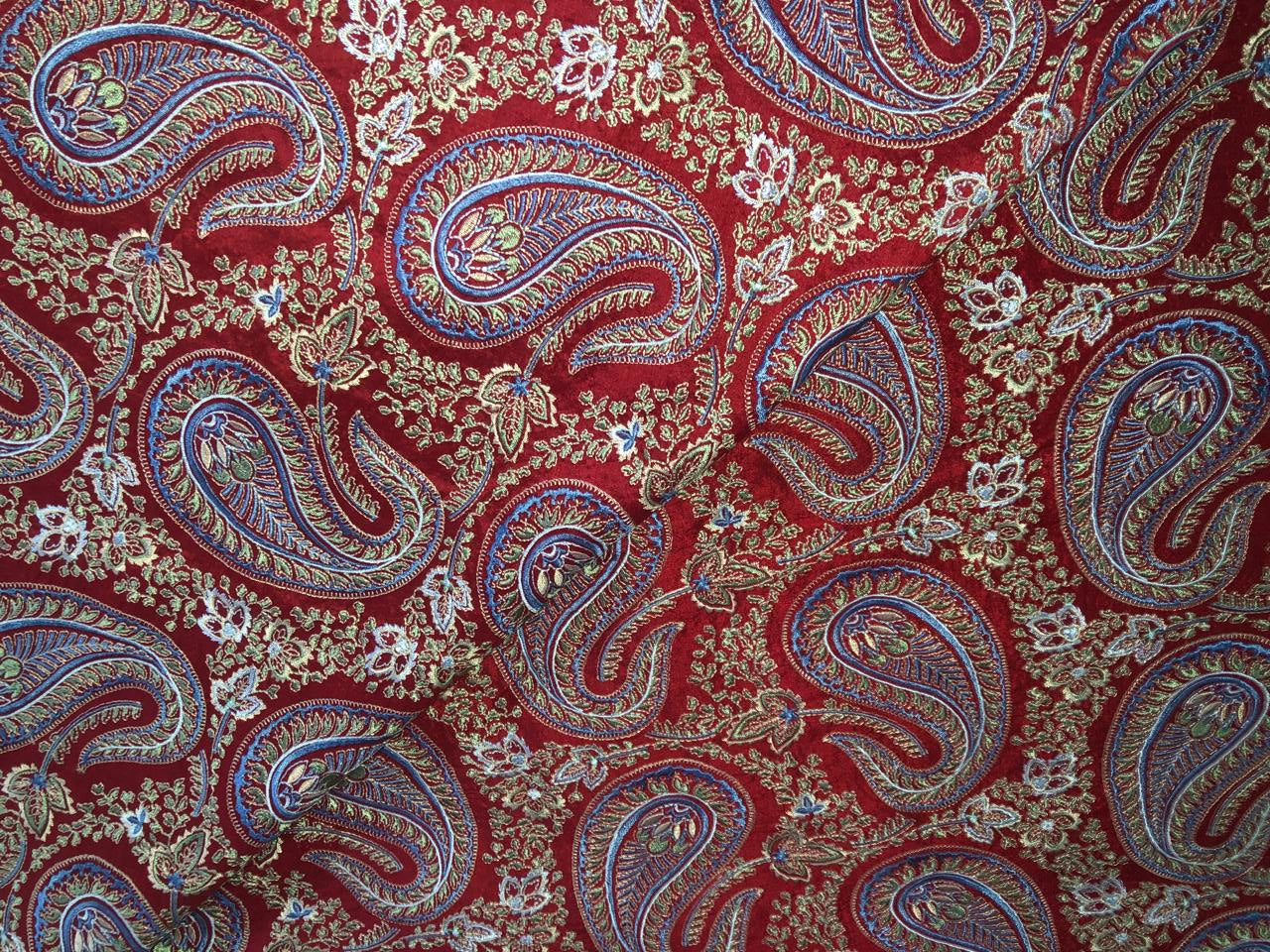 100% Silk dupioni EMBROIDERY 44" WIDE red color with blue paisley embroidery DUPE71