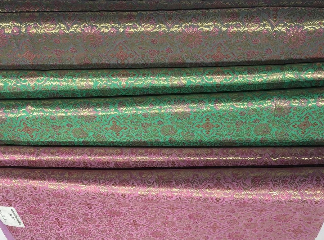 Silk Brocade fabric 44" pink and metallic gold floral jacquard available in 3 colors silver grey, green and pinkBRO1047