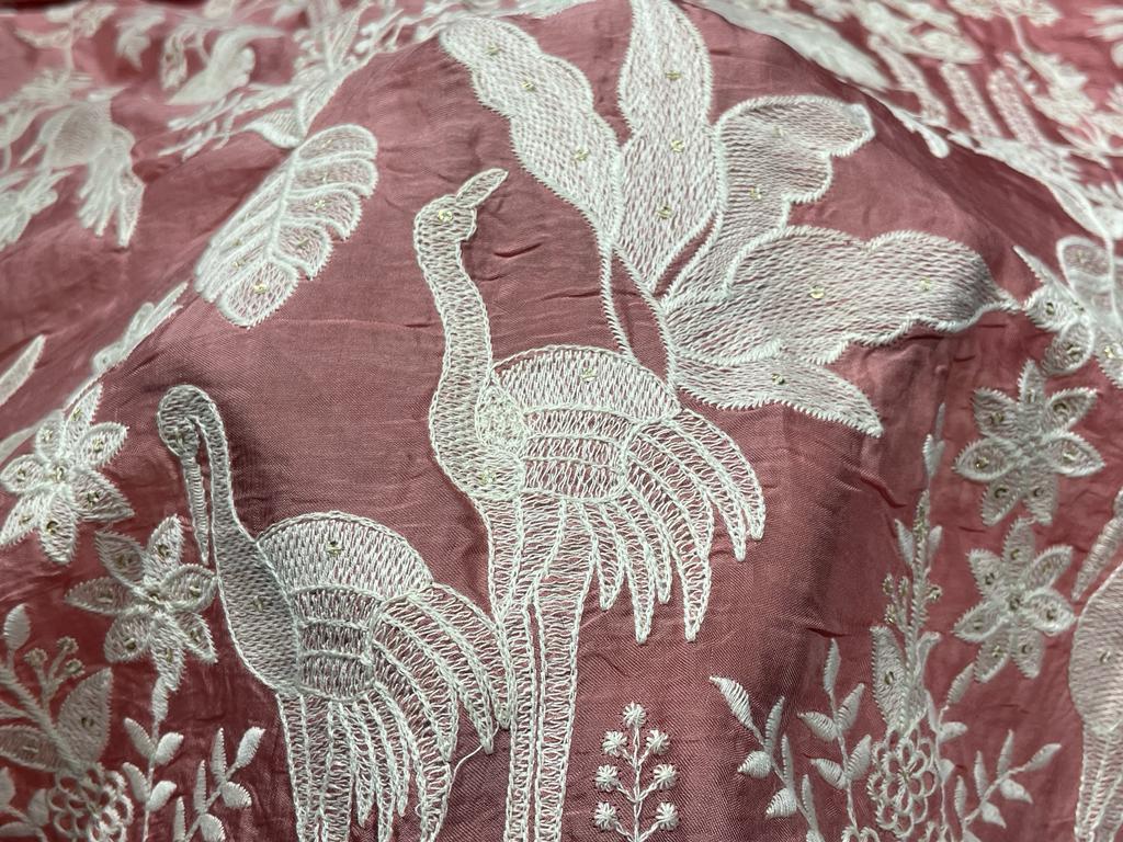 Designer Unstitched Semi Silk  PEACH GEORGETTE PARSI EMBROIDERY each order has 2.70 yards of embroidered fabric with a matching embroidered dupatta
