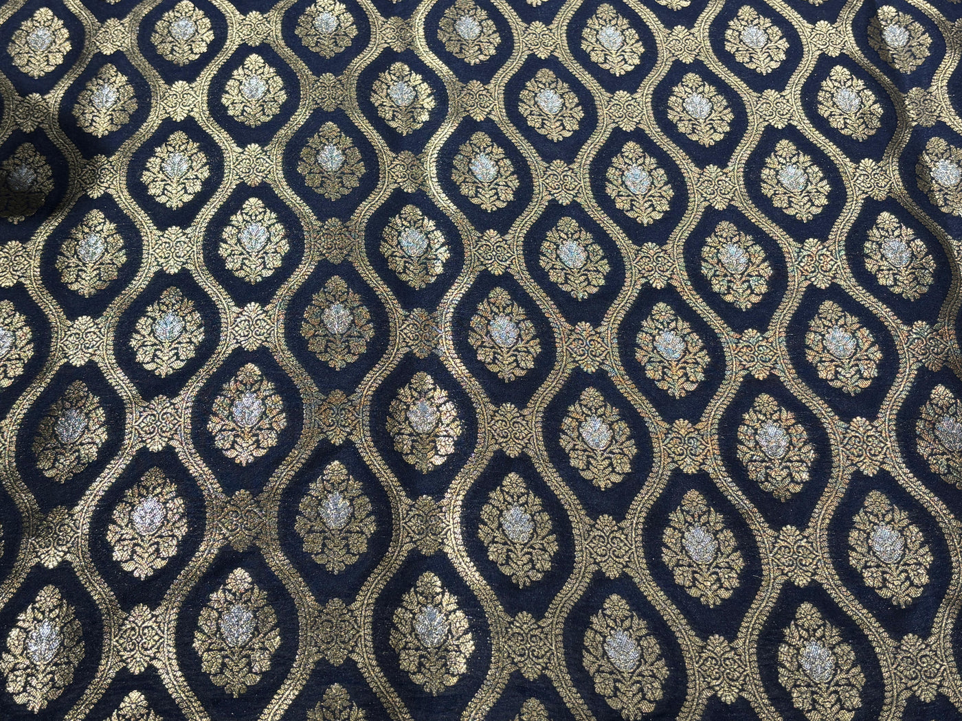 Silk Brocade fabric 44" dark navy with silver and gold metallic jacquard  motif BRO1055[1]