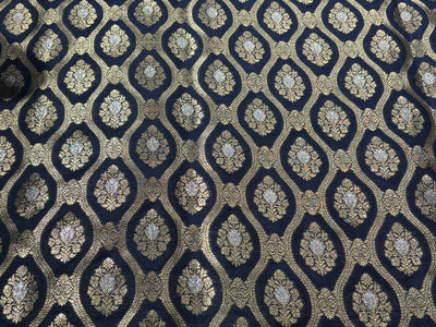Silk Brocade fabric 44" dark navy with silver and gold metallic jacquard  motif BRO1055[1]