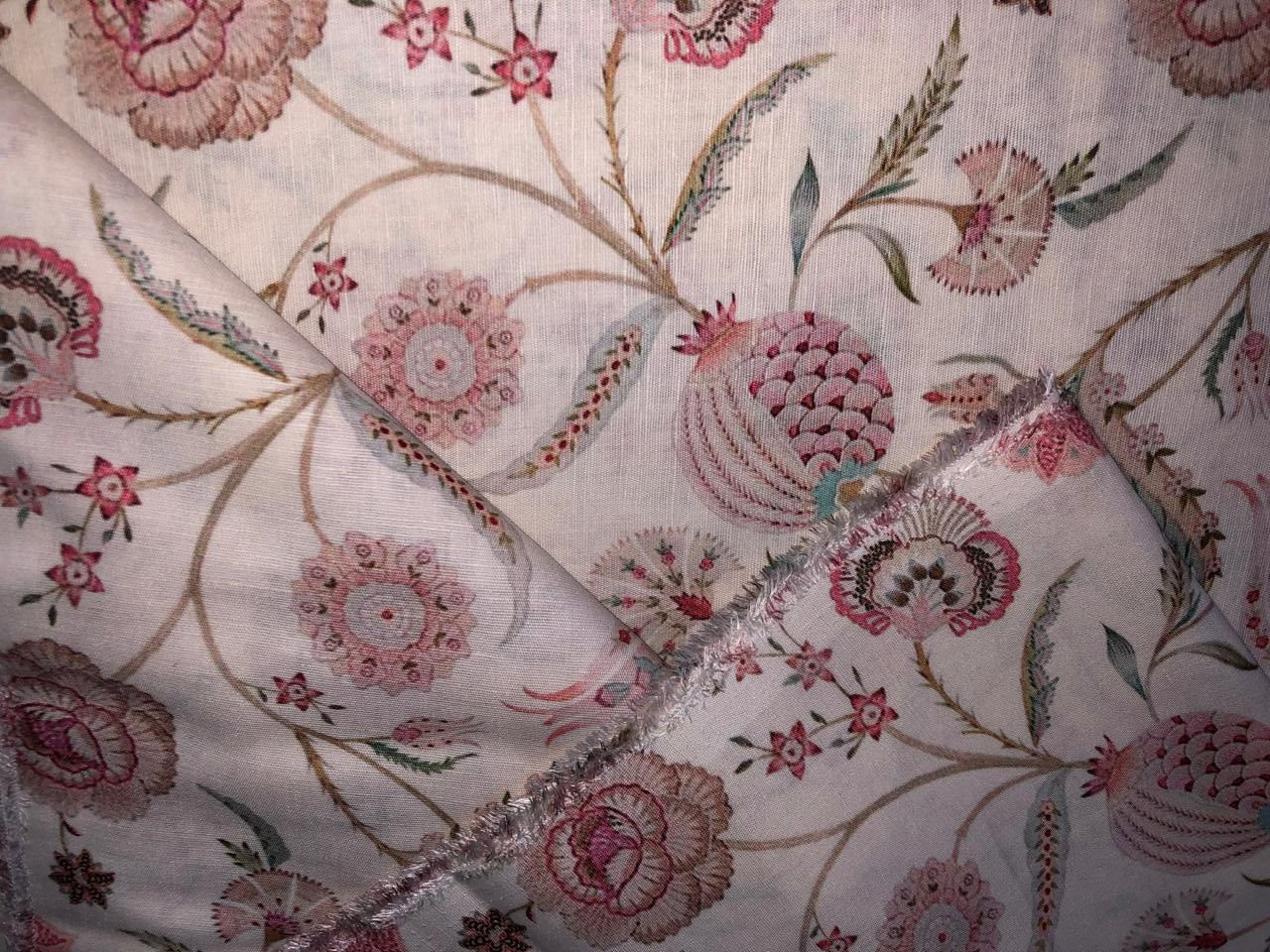 100% linen FLORAL digital print fabric 44" wide available in 2 colors grey/pink and ivory/pink  [15957/15958]