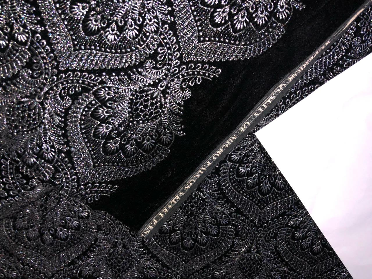 Brocade Velvet Embroidered fabric black color 44" wide 5 DESIGNS BRO866[4] BLACK AND SILVER BRO866[3] BLACK AND GOLD BRO936[1] BLACK AND SUBTLE GOLD JACQUARD BRO936[2] BLACK AND SUBTLE SILVER JACQUARD BRO936[3] JET BLACK JACQUARD