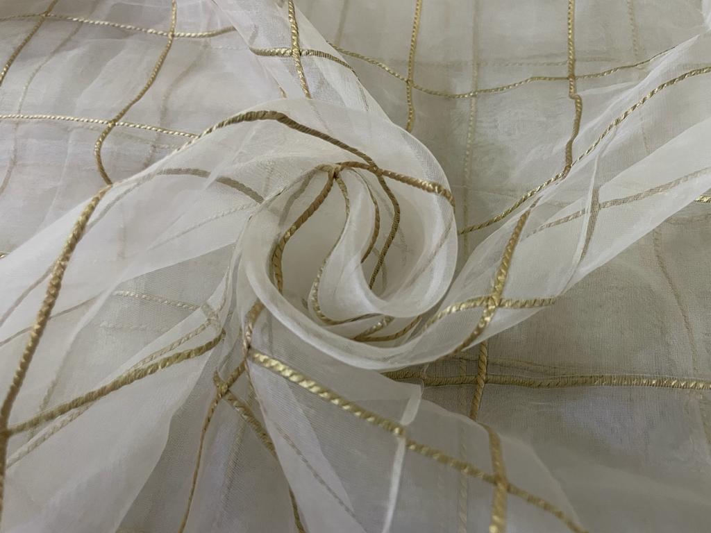 Silk organza fabric 44" wide ivory with gold rope plaids~ Semi Sheer [3199]