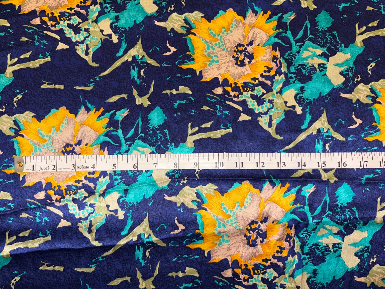 100% Pure Silk 100 grams satin printed 44"wide fabric royal blue and bright yellow and teal floral  [18420]