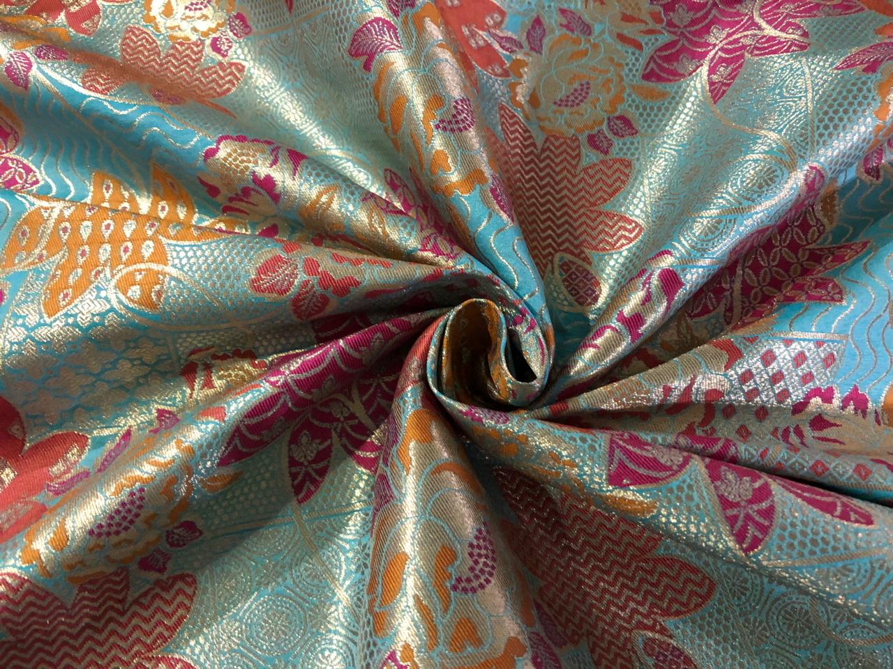 Silk Brocade fabric blue with rust, mustard, pink and gold   floral jacquard   BRO1019[3]