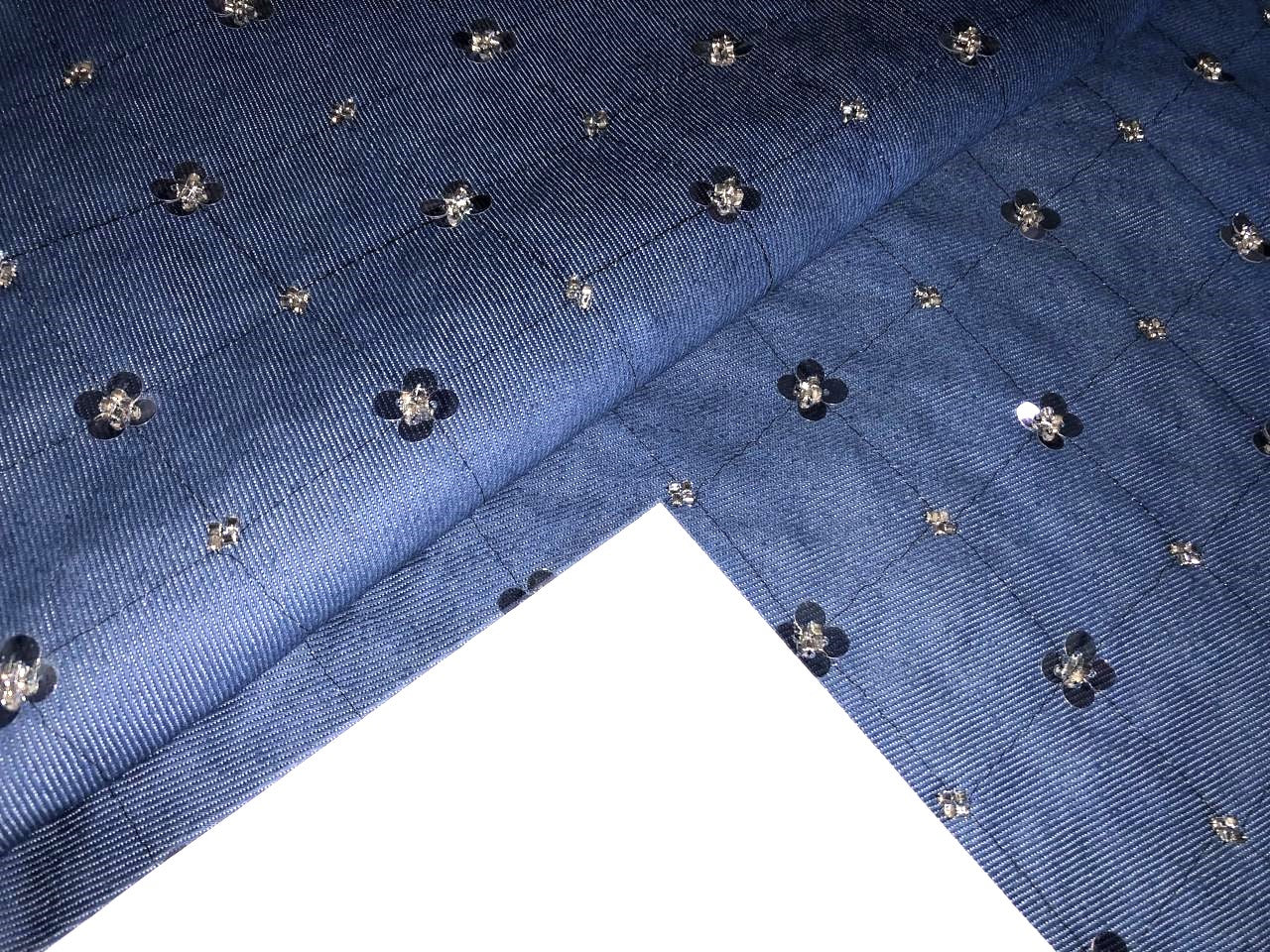 100% Cotton Denim Fabric 58" wide WITH FLORAL SILVER SEQUENCE  available in 3 COLORS  [DENIM BLUE , BLACK AND STEEL BLUE ]