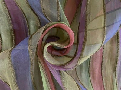 Organza silk fabric multi color stripe selvidge to selvidge vertical 44" wide with jute rope [9809]