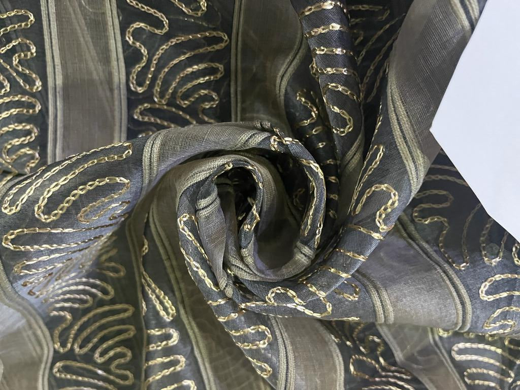 SILK ORGANZA FABRIC stripes with embroidery available in 2 colors [gold and slate blue 3200/3201]