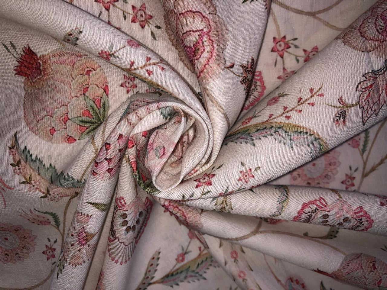 100% linen FLORAL digital print fabric 44" wide available in 2 colors grey/pink and ivory/pink  [15957/15958]