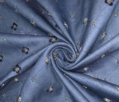 100% Cotton Denim Fabric 58" wide WITH FLORAL SILVER SEQUENCE  available in 3 COLORS  [DENIM BLUE , BLACK AND STEEL BLUE ]