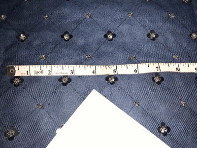 100% Cotton Denim Fabric 58" wide WITH FLORAL SILVER SEQUENCE  available in 3 COLORS  [DENIM BLUE , BLACK AND STEEL BLUE ]