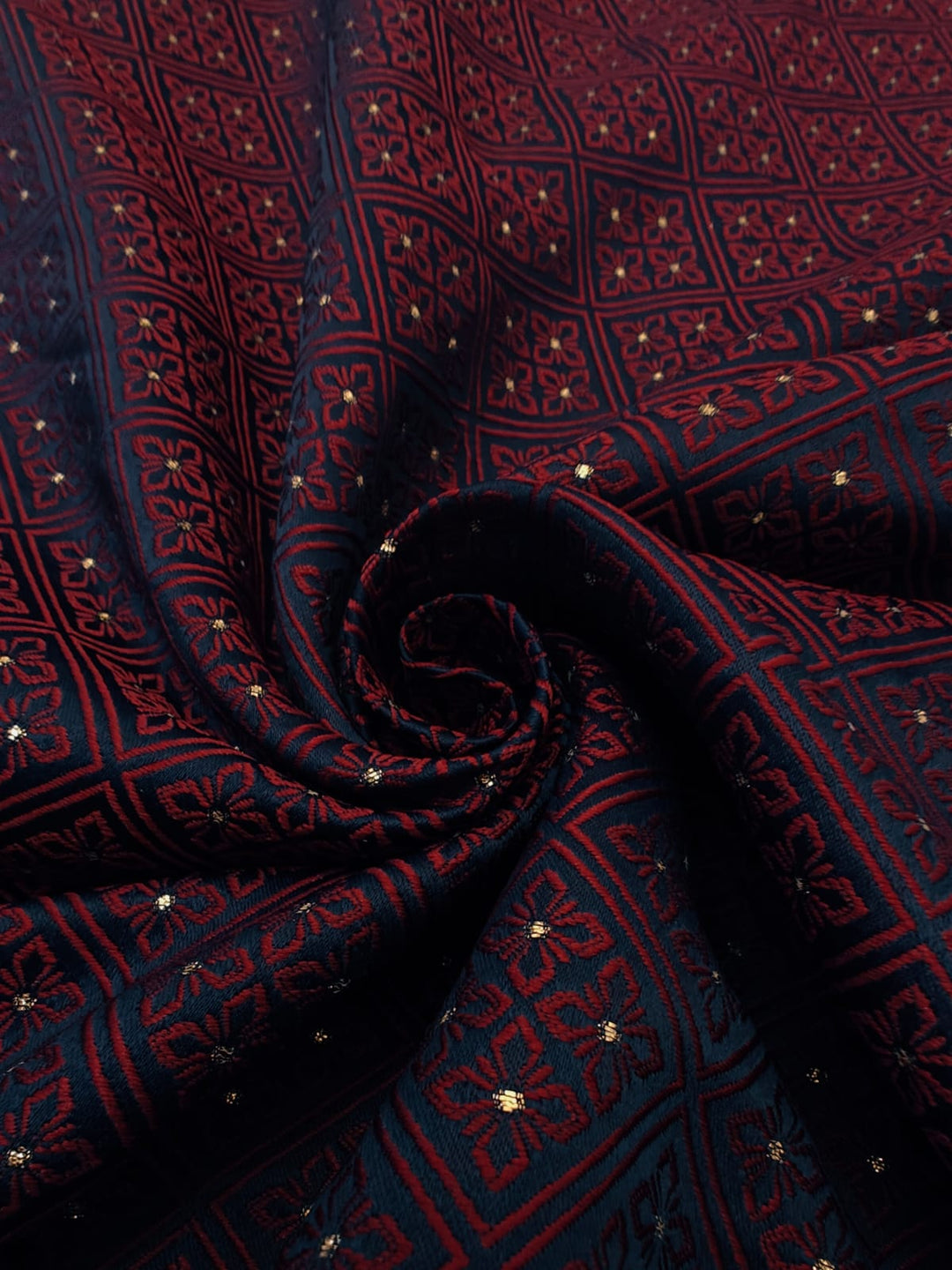 Silk Brocade fabric teal blue with red diamond motif with red