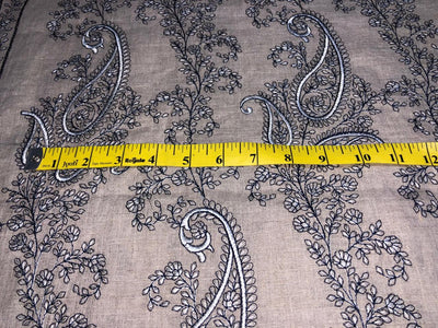 100% Linen  Kashmiri Embroidered fabric paisleys 58" wide available in 3 colors ivory with pink paisleys ,camel with navy paisley and ivory with beige paisley