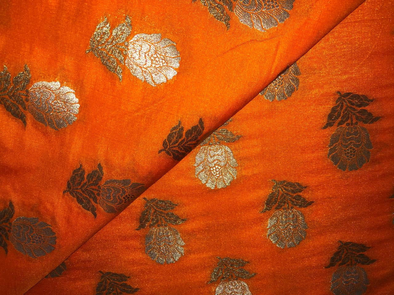 100% PURE Silk Brocade fabric 44" wide FLOWER MOTIF AVAILABLE IN 2 COLORS gold and orange BRO1016[5/6]