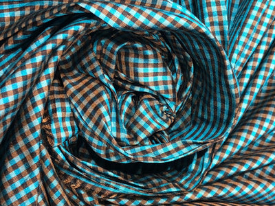 100% silk dupion  Plaids fabric teal blue and mustard gold  DUPNEWC30[2]