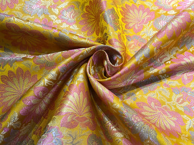 Silk Brocade fabric mango with pink and gold floral   jacquard  BRO1019[4]