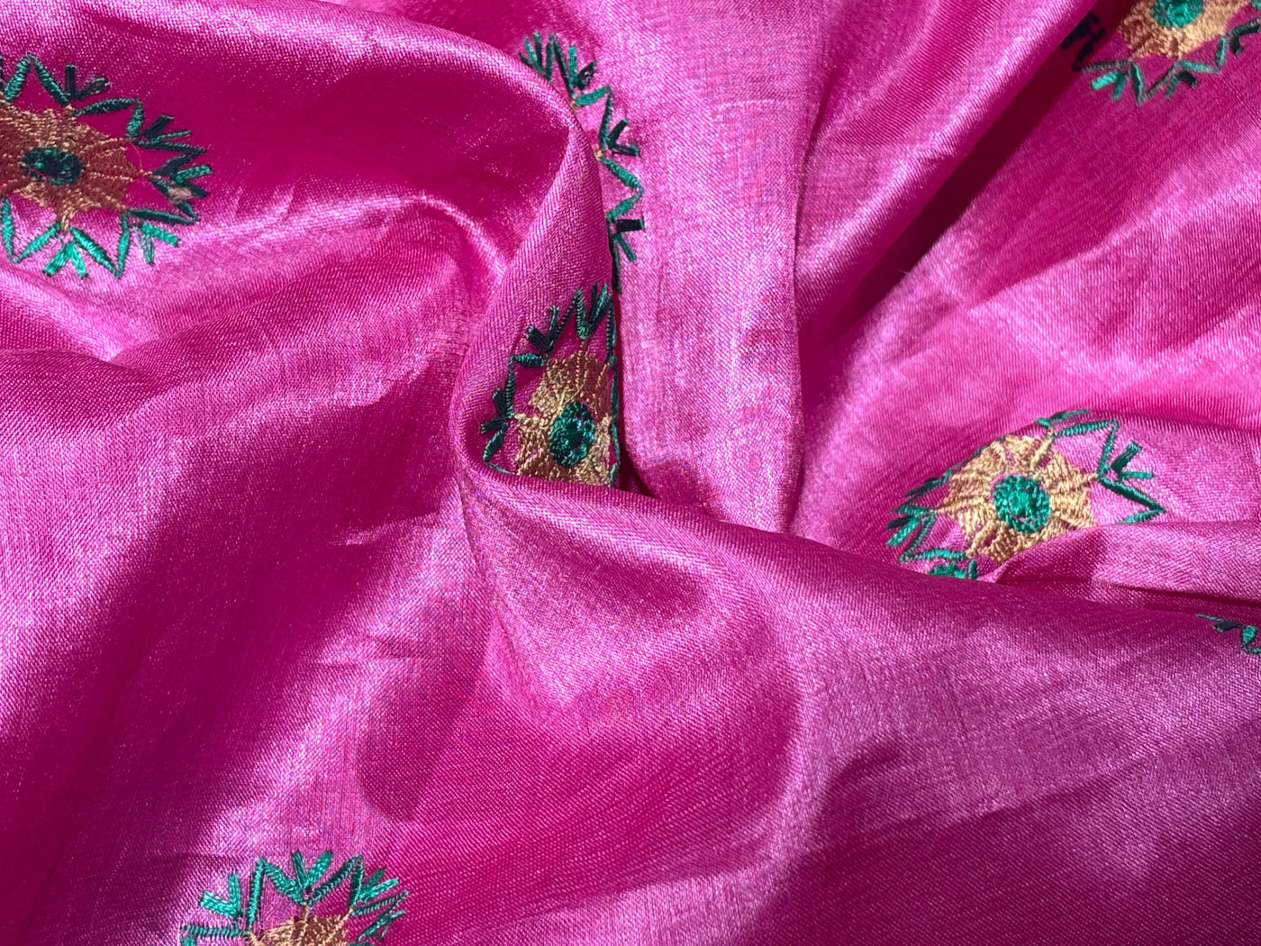 Tussar Silk 70 gms per meter Fabric pink with embroidered floral motif 42" Wide [17769]