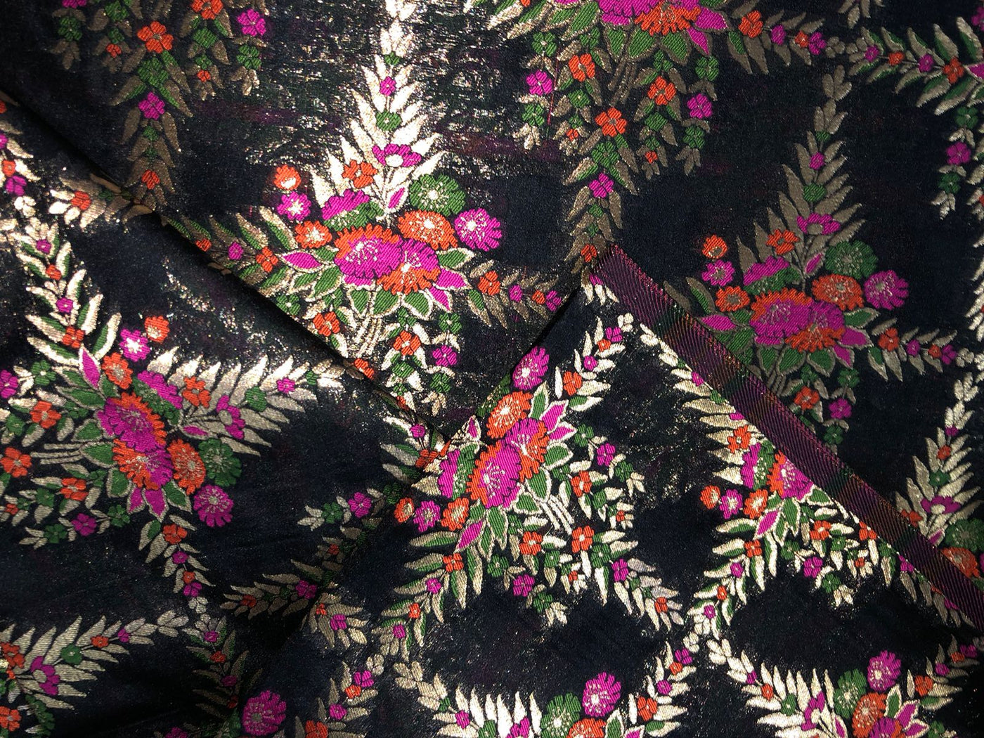 Silk Brocade fabric 44" wide Floral Jacquard Black with pink ,orange, green floral BRO909[3]