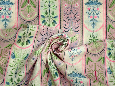 Linen 70% ,Cotton 30% print pink and white floral stripes 56" wide [18432]