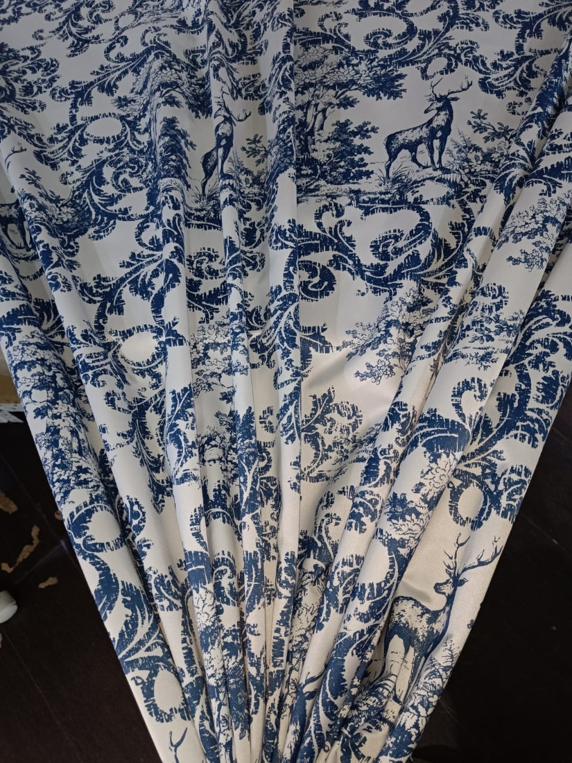 Heavy satin fabric white ivory color with teal blue print 58" wide [12949]